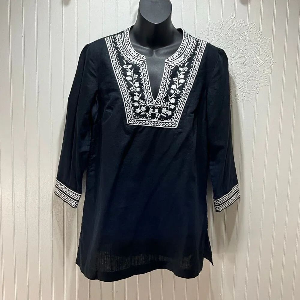 TALBOTS Linen Blend Embroidered Boho Top Small